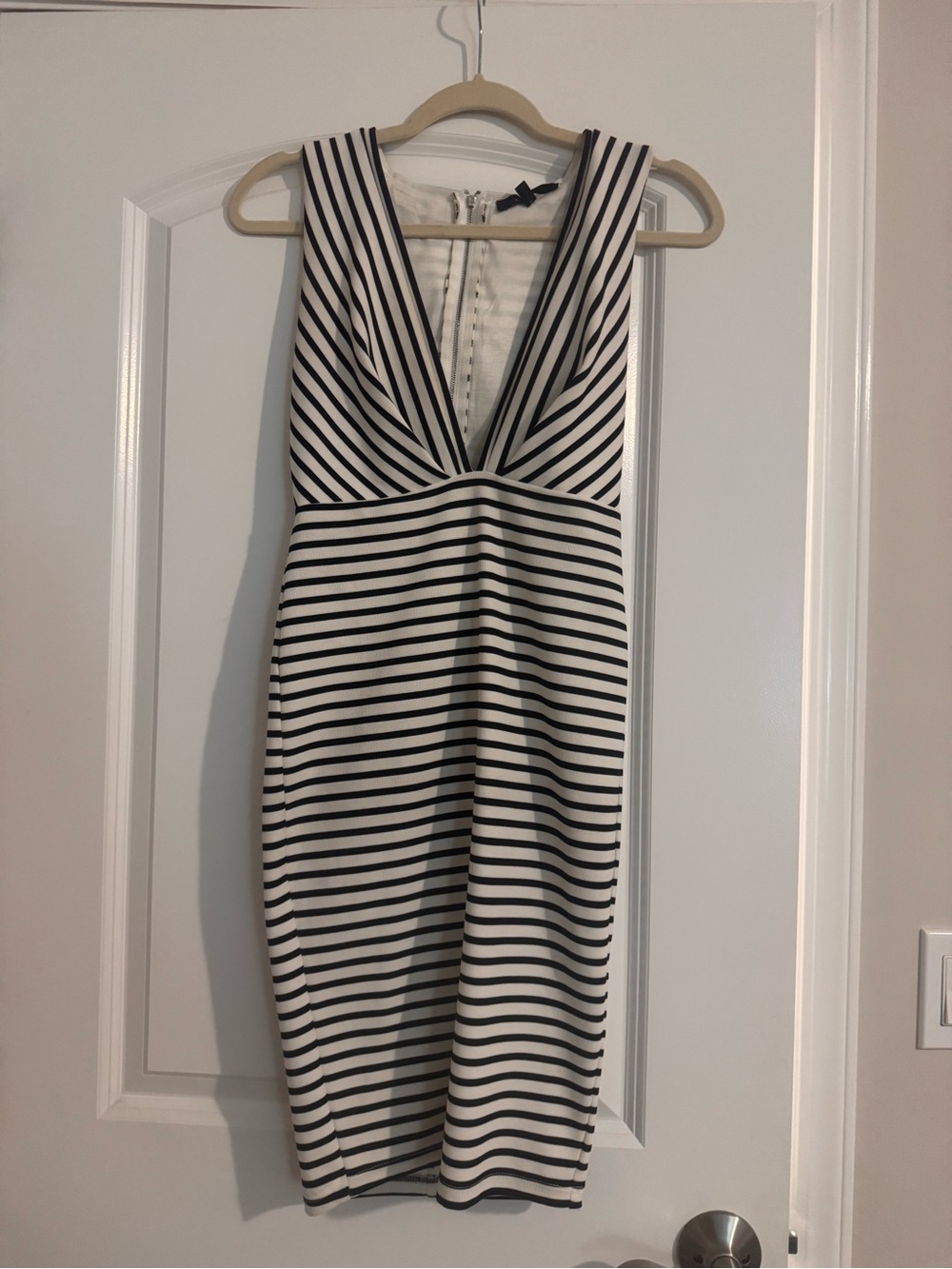 Olivaceous Black and White Striped V-Neck Sheath Dress